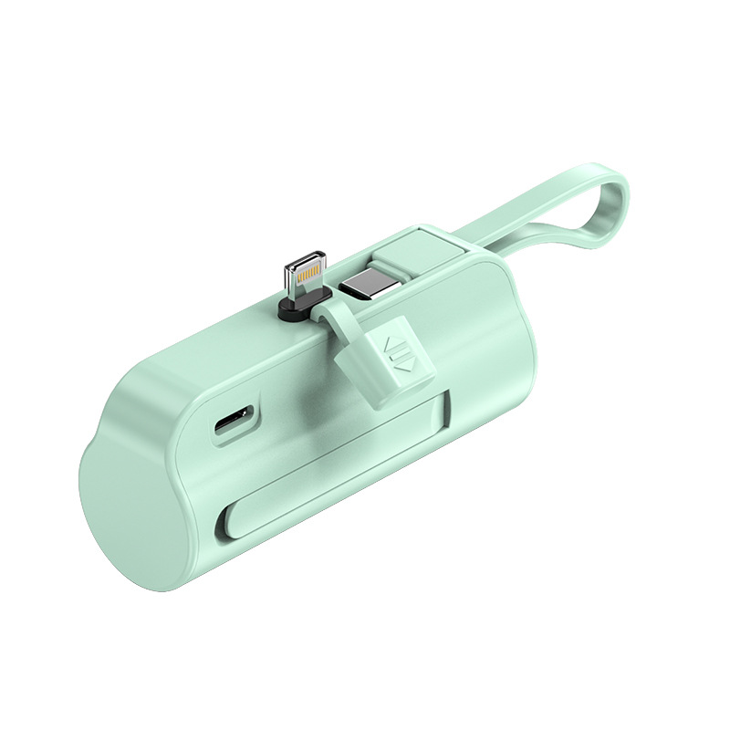 Thin capsule mobile power bank, mini and compact 5000 mAh with built-in cable charging treasure