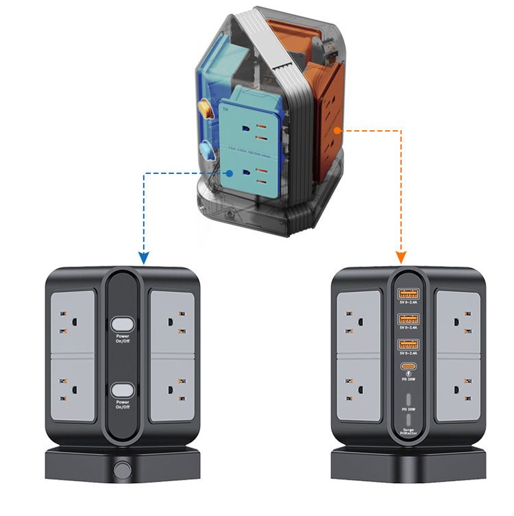 Home office American standard extended 8AC power strip, 4usb multi-slot vertical socket with switch