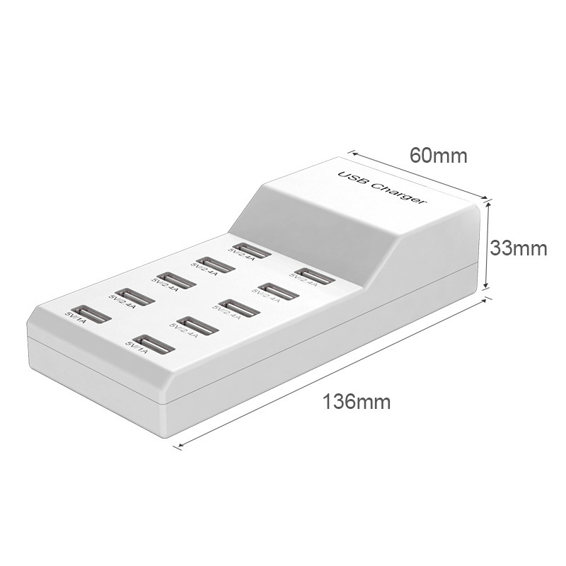 USB multi-port charger 10-port power strip for mobile phone and tablet charging, smart fast charging socket