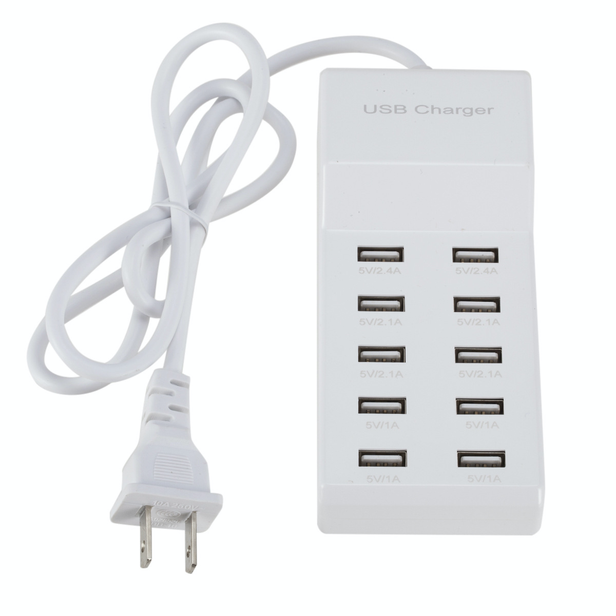 USB multi-port charger 10-port power strip for mobile phone and tablet charging, smart fast charging socket