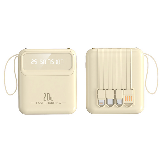 New mini power bank 20000 mAh, compact mobile power bank with built-in cable