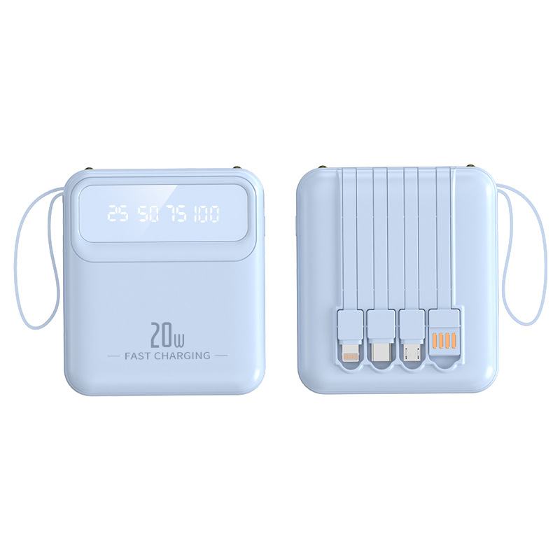 New mini power bank 20000 mAh, compact mobile power bank with built-in cable