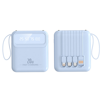 New mini power bank 20000 mAh, compact mobile power bank with built-in cable
