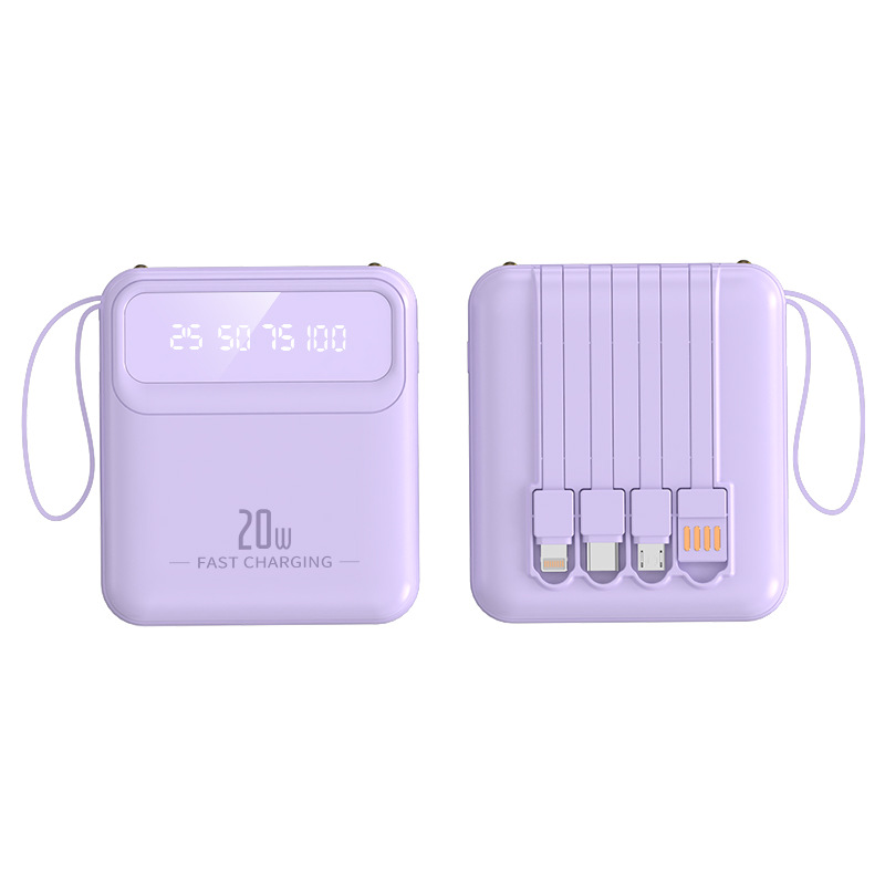 New mini power bank 20000 mAh, compact mobile power bank with built-in cable