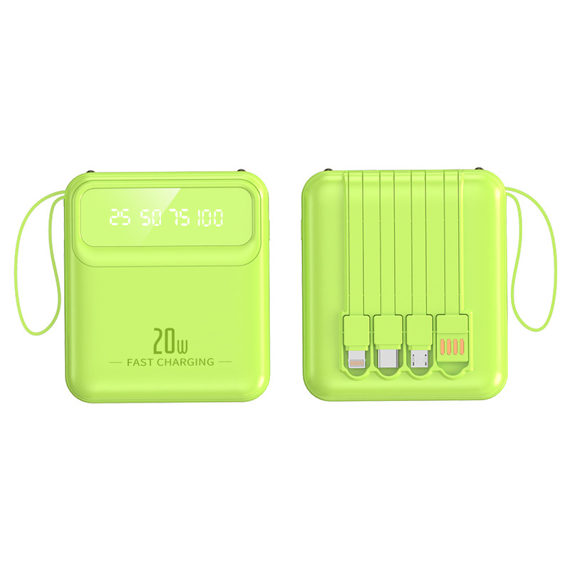 New mini power bank 20000 mAh, compact mobile power bank with built-in cable