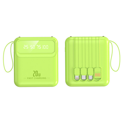 New mini power bank 20000 mAh, compact mobile power bank with built-in cable