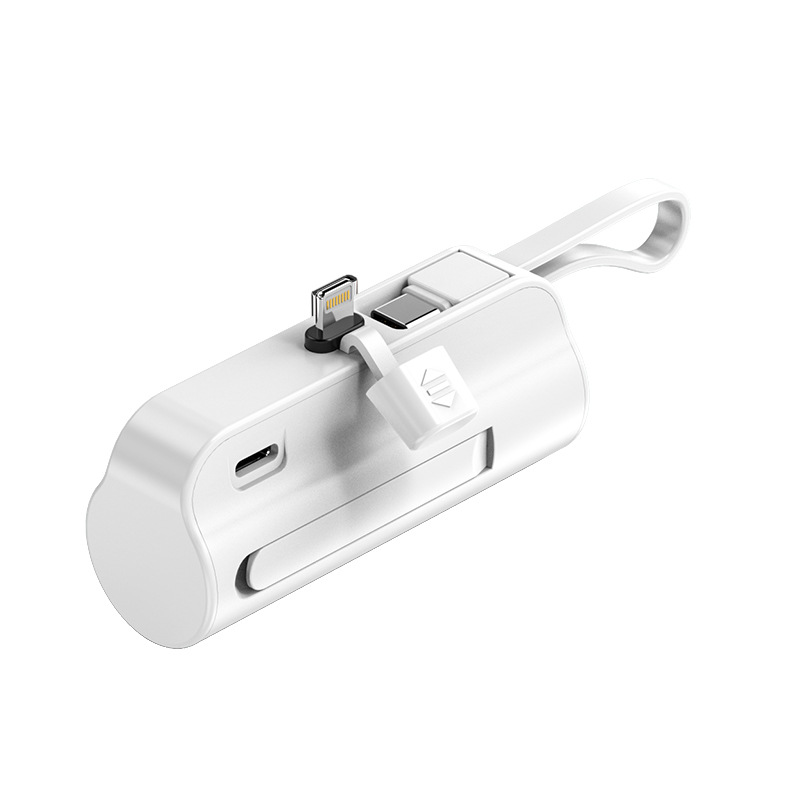 Thin capsule mobile power bank, mini and compact 5000 mAh with built-in cable charging treasure