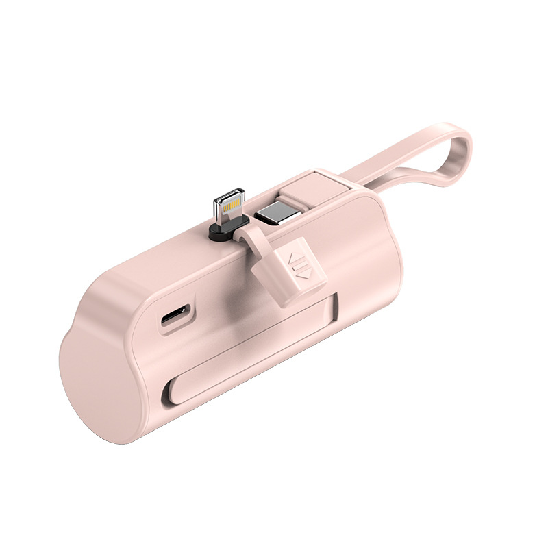 Thin capsule mobile power bank, mini and compact 5000 mAh with built-in cable charging treasure