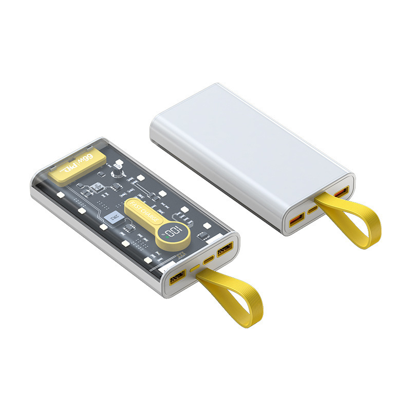 Super fast charging 66W transparent 20000 mAh power bank, punk style with built-in night light digital display portable mobile power bank