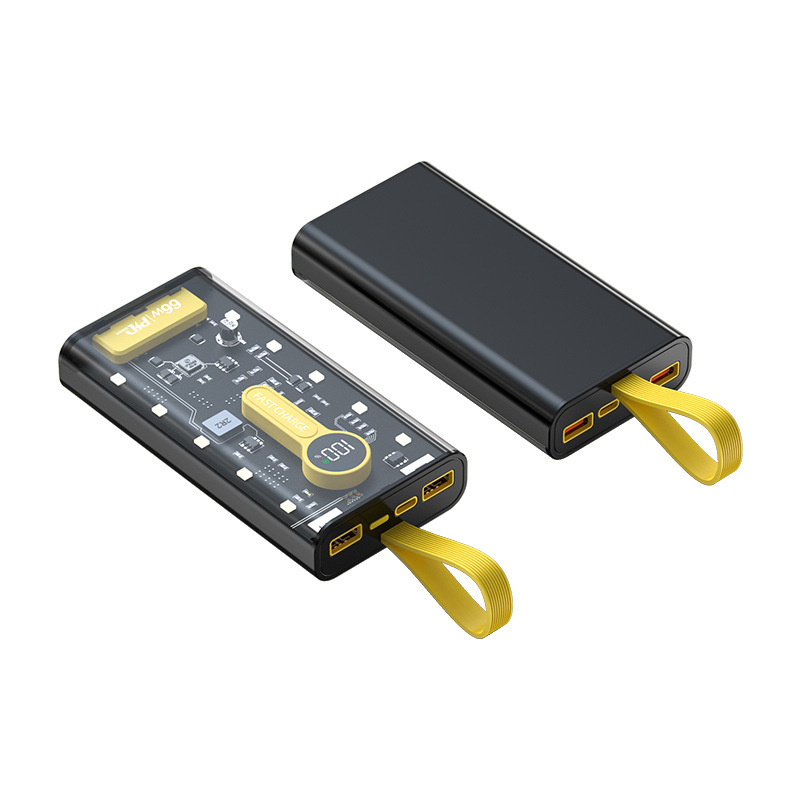 Super fast charging 66W transparent 20000 mAh power bank, punk style with built-in night light digital display portable mobile power bank